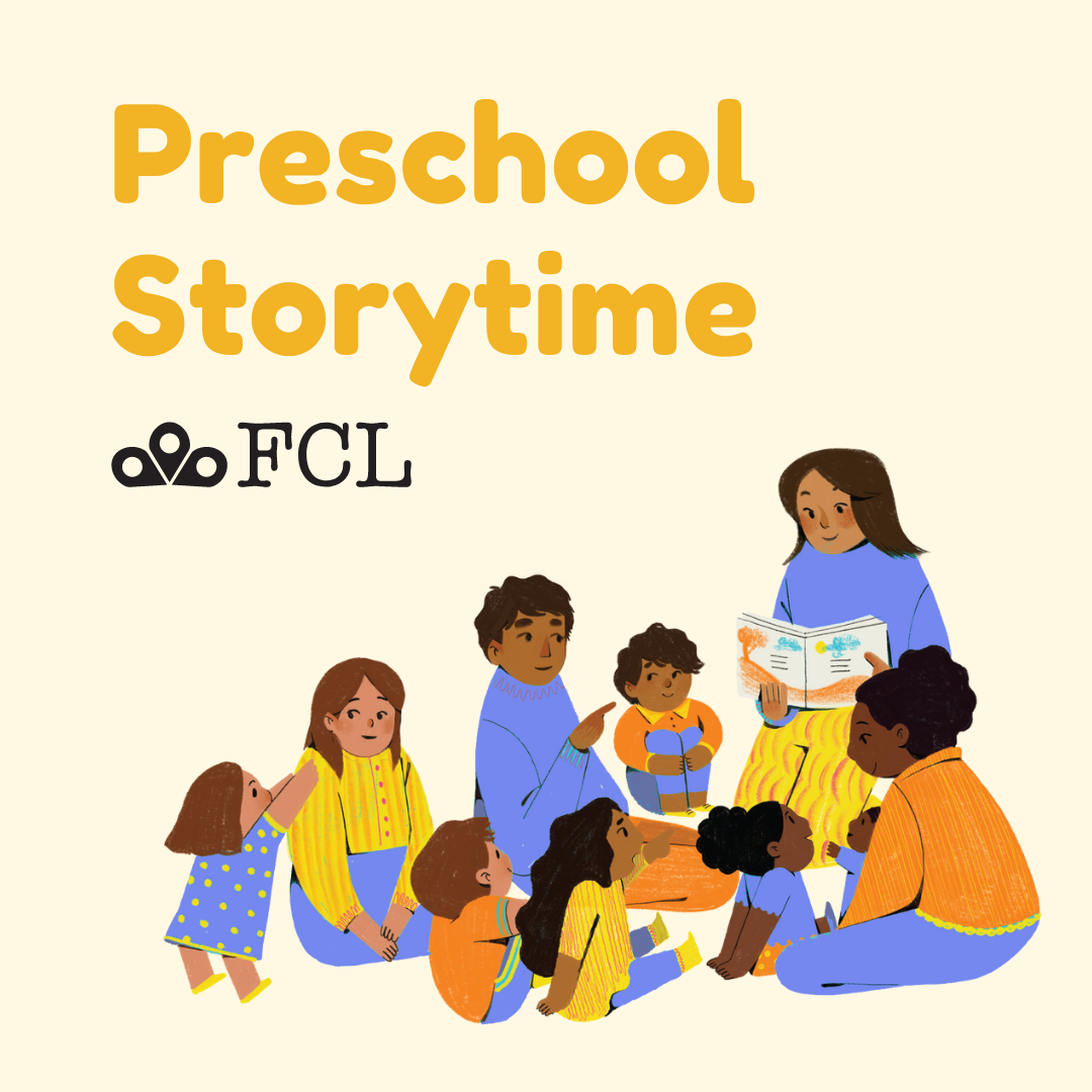 "Preschool Storytime" written in plain text; the background is an illustration of young children listening to a storytime