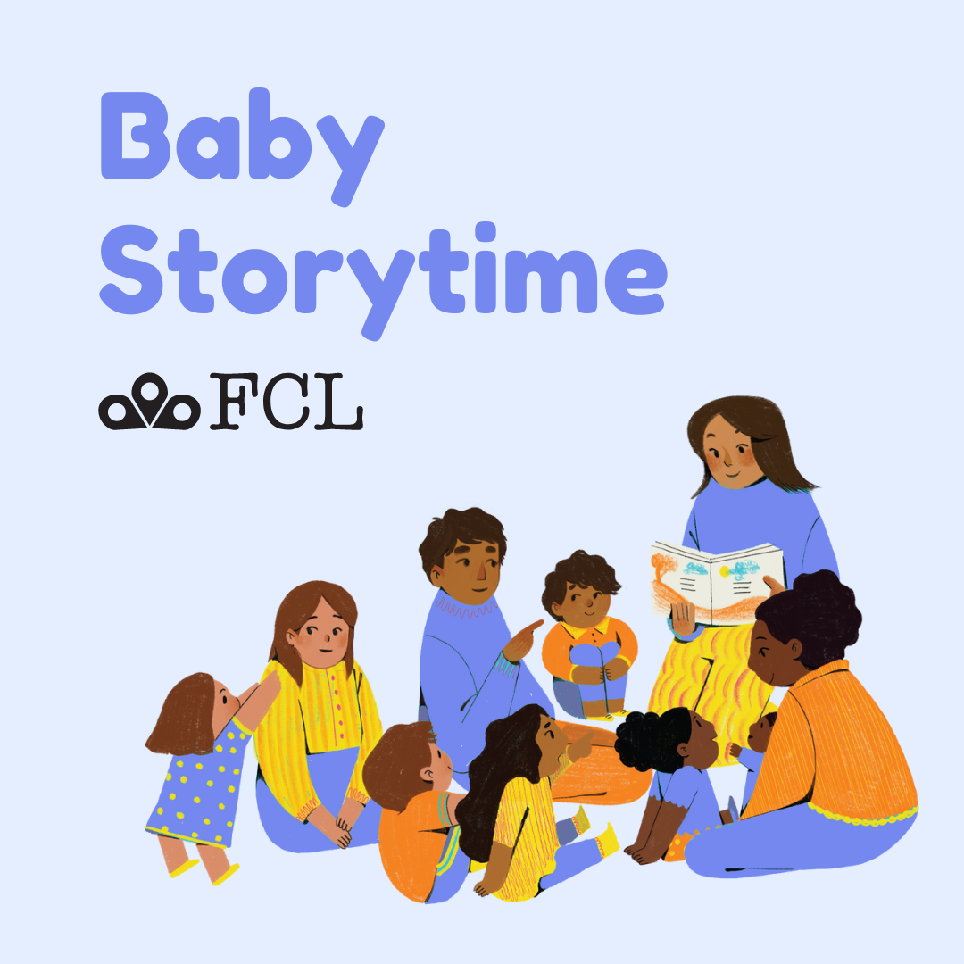 "Baby Storytime" written in plain text; the background is an illustration of young children listening to a storytime