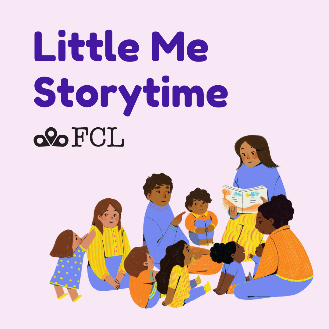 "Little Me Storytime" written in plain text; the background is an illustration of young children listening to a storytime