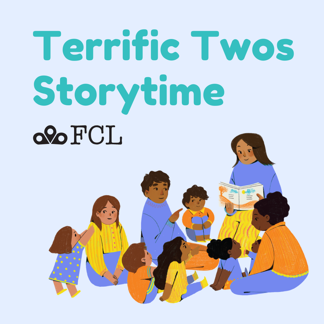 "Terrific Twos Storytime" written in plain text; the background is an illustration of young children listening to a storytime