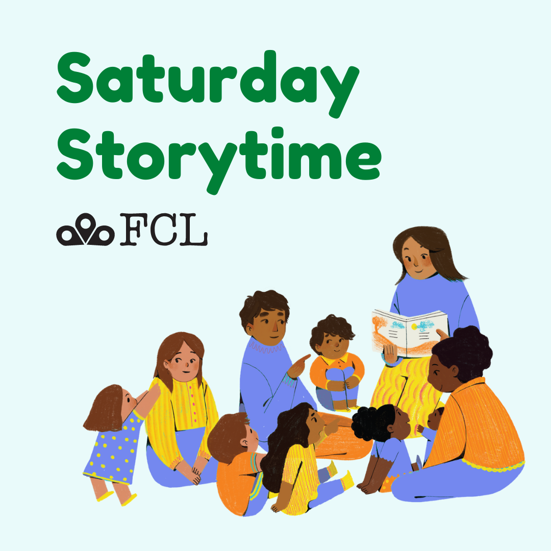 "Saturday Storytime" written in plain text; the background is an illustration of young children listening to a storytime