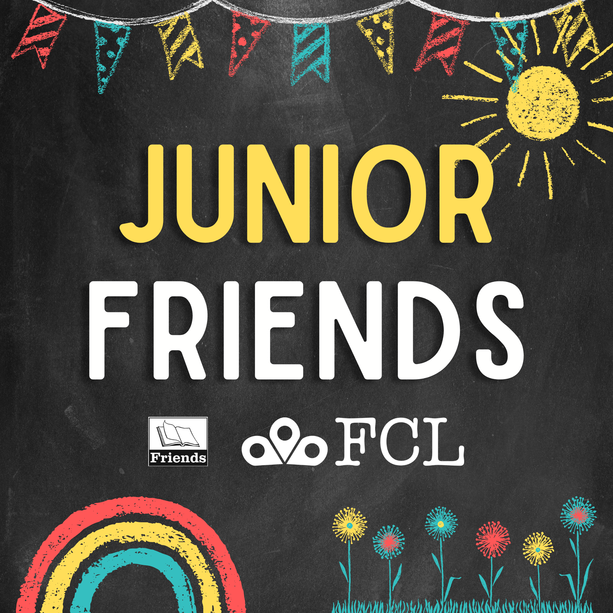 "Junior Friends" is written in plain text; the background displays sidewalk chalk drawings on a black background
