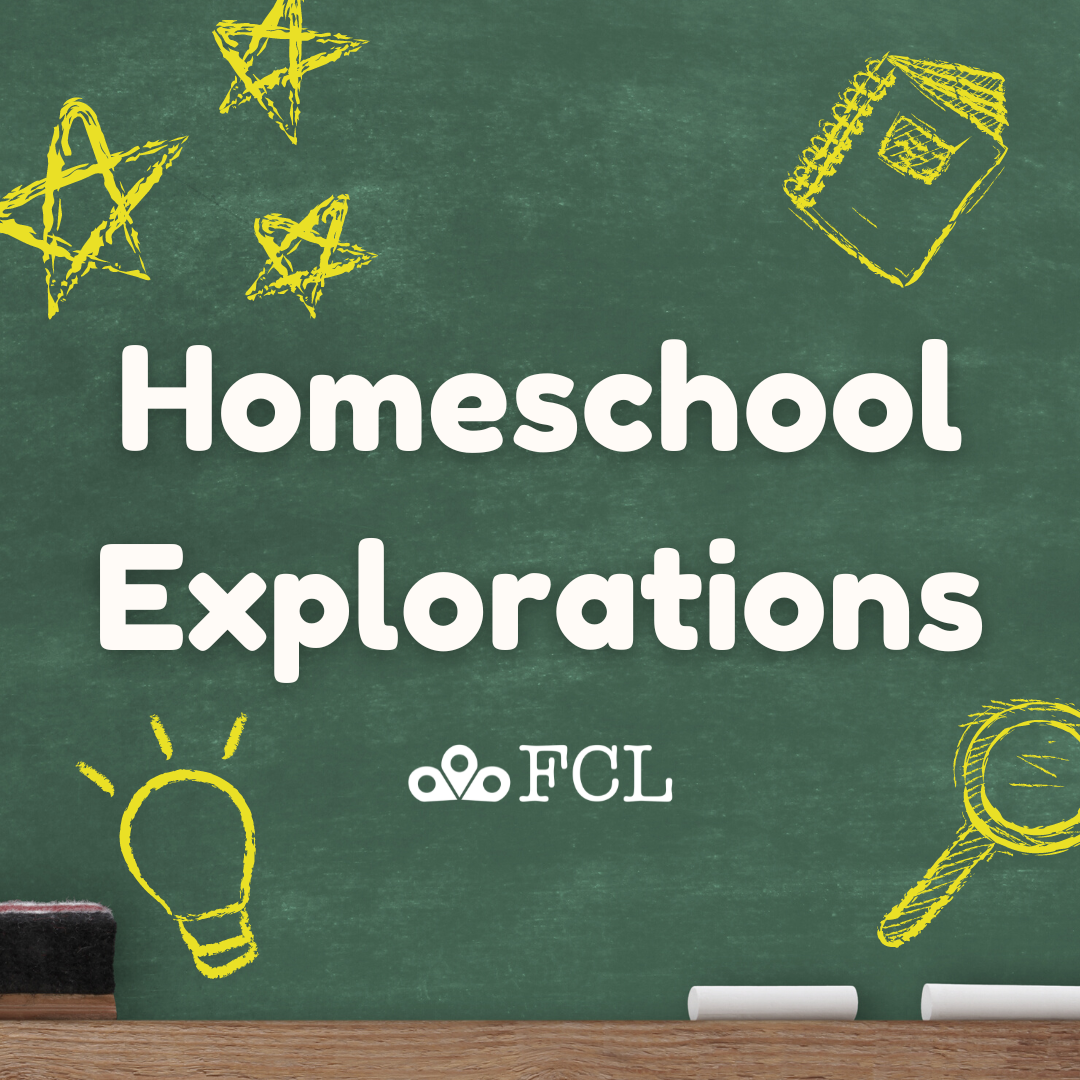 "Homeschool Explorations" spelled out in plain text, the background is a chalkboard with school related drawings in chalk.