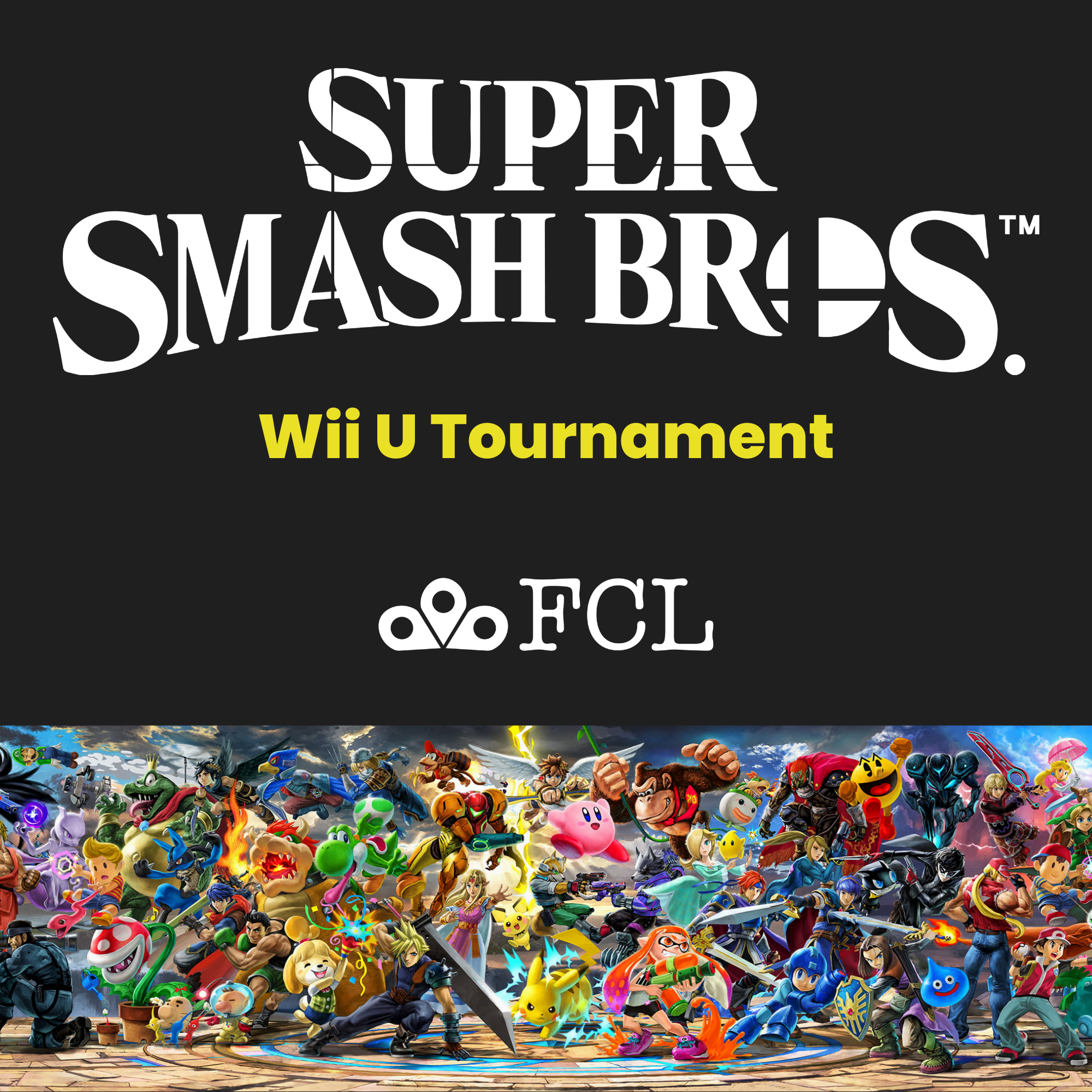 Super Smash Brothers logo and graphic of the video game's characters