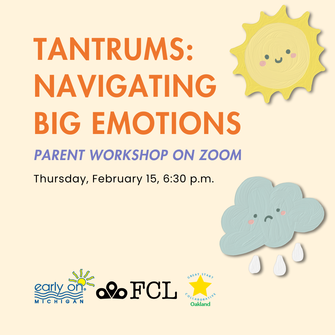 Thumbnail says "Tantrums: Navigations Big Emotions" with an illustration of a smiling sunshine and a frowning storm cloud in the background. 