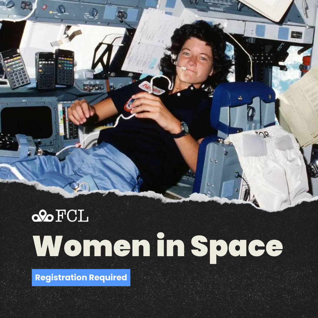 An illustration of a female astronaut in a spaceship