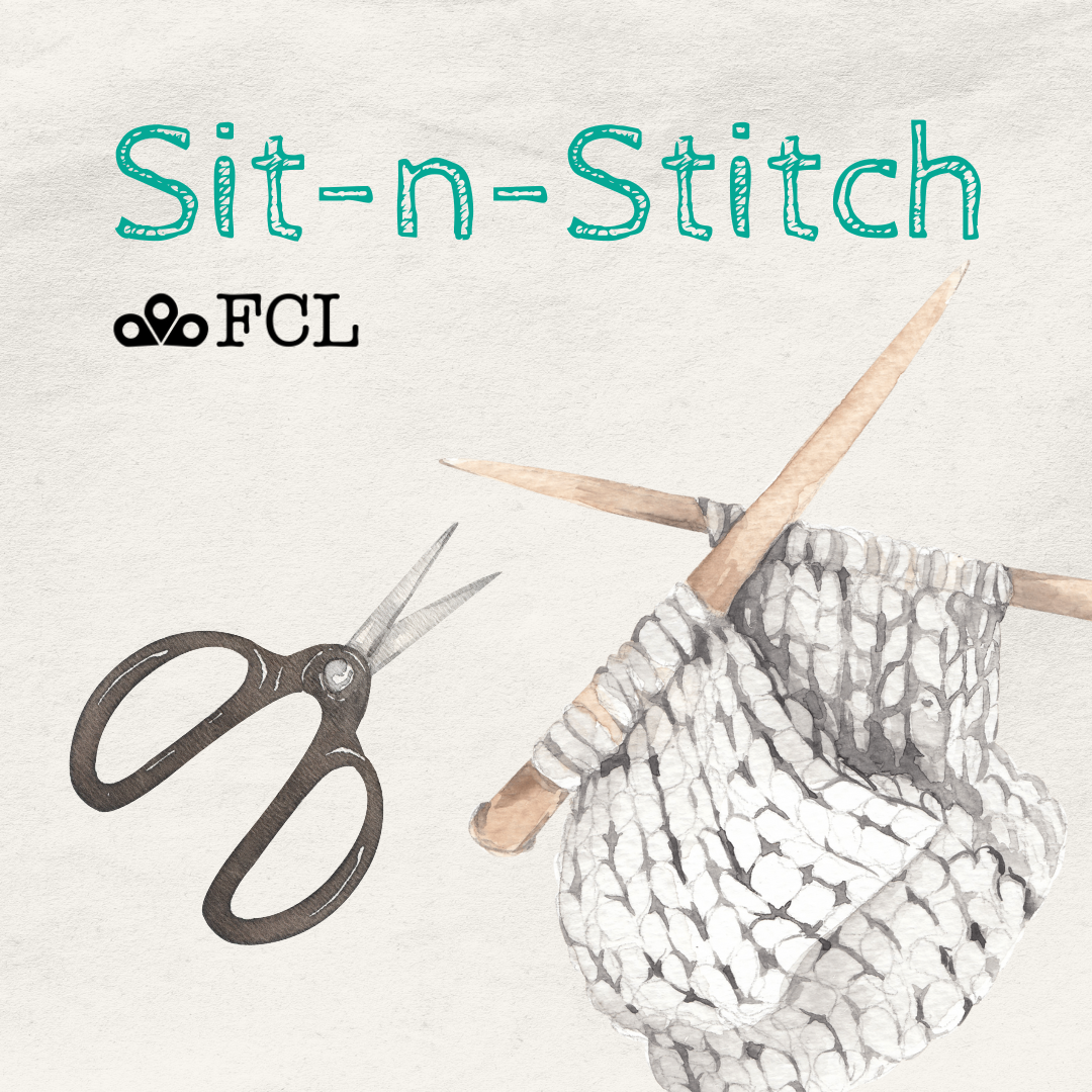 "Sit-n-Stitch" on a white background. An Illustration of two knitting needles and yarn with scissors next to it.