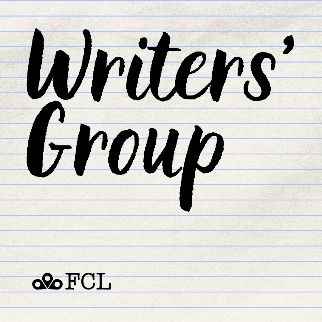"Writers' Group" typed out in a cursive font on a notebook paper background