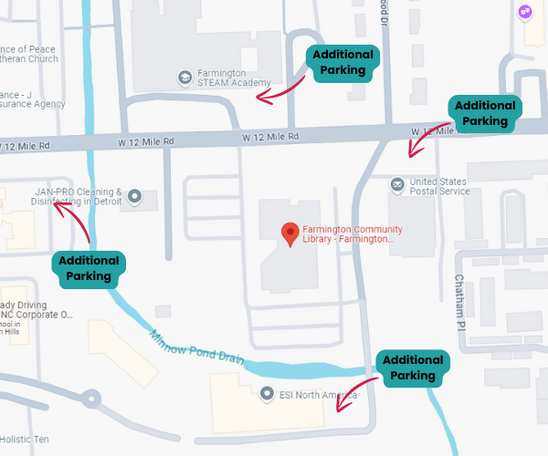 Map showing additional parking lots surround the library that is available to event attendees.