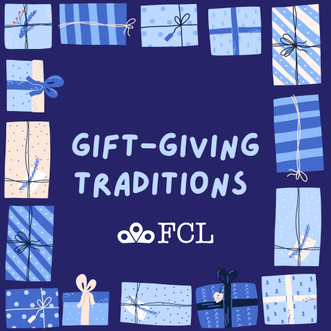 "Gift-Giving Traditions" surrounded by different presents wrapped in paper and bows.