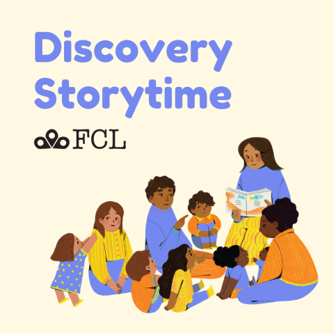 "Discovery Storytime" written in plain text; the background is an illustration of young children listening to a storytime