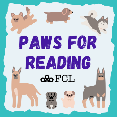"PAWS for Reading" written in plain text with illustrations of dogs surrounding it