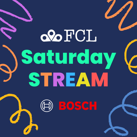 "Saturday STREAM" written in plain text with colorful streamers surrounding the text