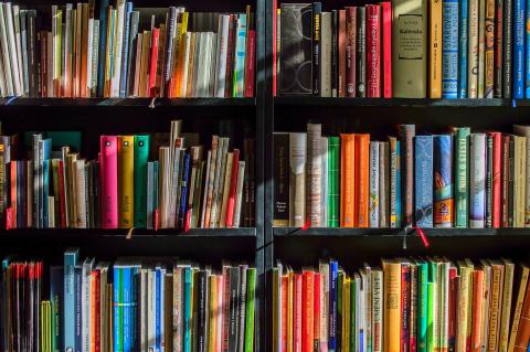 an assortment of books sitting on a book shelf