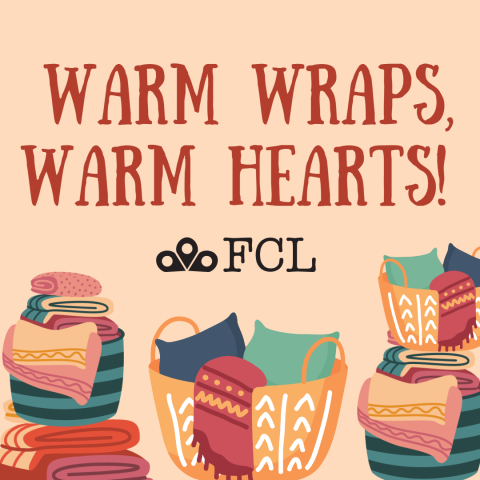 "Warm Wraps, Warm Hearts" in orange text on a peach background; warm-colored patterned blankets surrounding