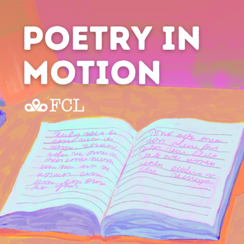 "Poetry in Motion" in plain text, the background displays a journal open with writing in it.
