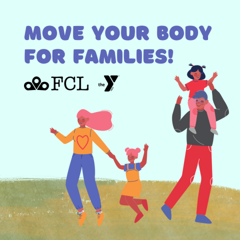 "Move Your Body for Families" text in purple with an illustration of a family with two young kids dancing in the background.