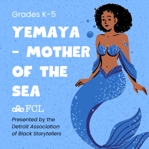 Illustration of a black mermaid with the title of the event displayed next to the illustration on top of a blue background.