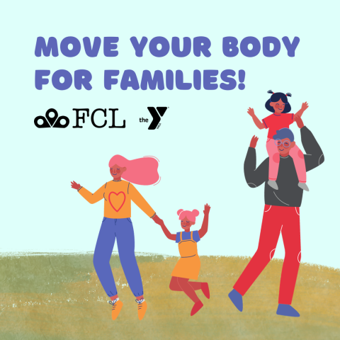 "Move Your Body - For Families" written in plain text; illustration of caregivers and children moving together in the background