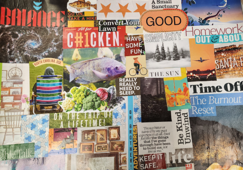 A poster board turned collage is displayed with words and colorful images cut from magazines.