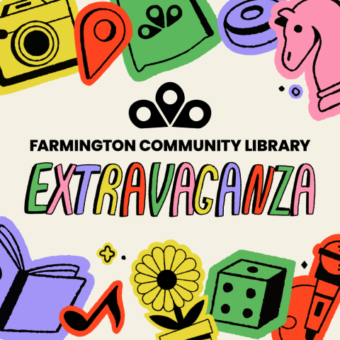 Illustrations of different items being featured at the Extravaganza like board game pieces, musical notes, and books.