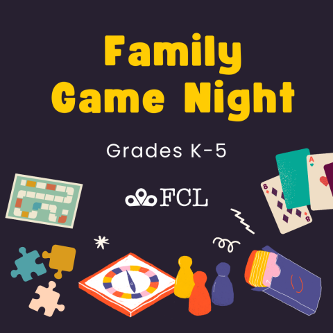 various board games, puzzle pieces, and playing cards are scattered around the text "Family Game Night"