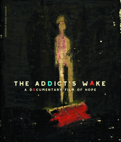 A painting depicting a beige human shaped figure on a black background with the text "The Addict's Wake" over it