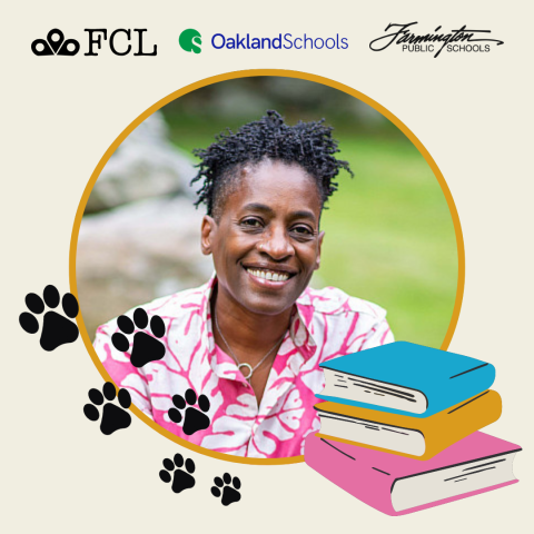 FCL logo. Oakland Schools logo. Farmington Public Schools logo. Headshot of the event's speaker Jacqueline Woodson.