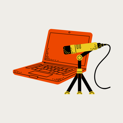Illustration of a laptop and a podcast mic