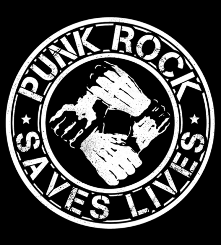 The logo for the organization Punk Rock Saves Lives featuring their name surrounding an image of four hands all interlocked