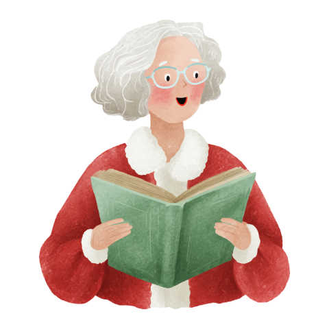Mrs. Claus holding a book and reading.