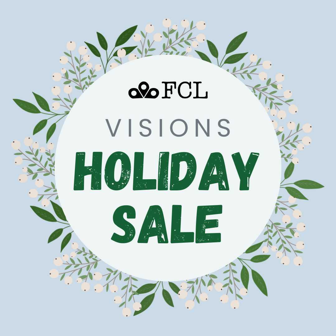 "Visions Holiday Sale" spelled out in plain text, a wreath of winter flowers surrounds the text.