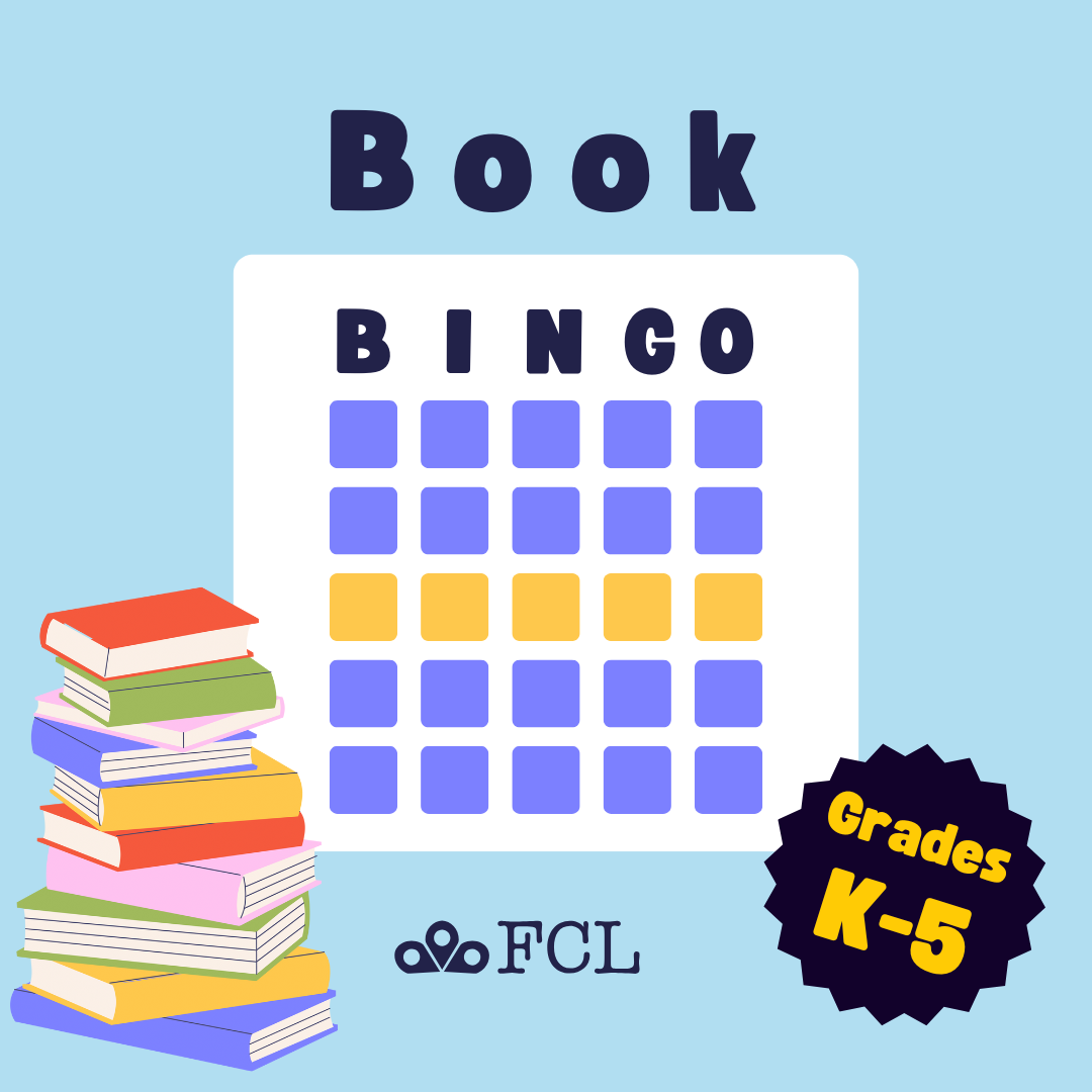 A bingo card with a row highlighted in yellow is next to a stack of books.