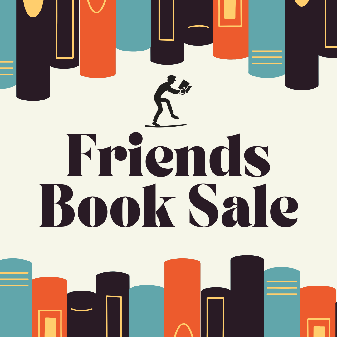 Friends of the Library logo. Friends Book Sale. Book ends surrounding the text.